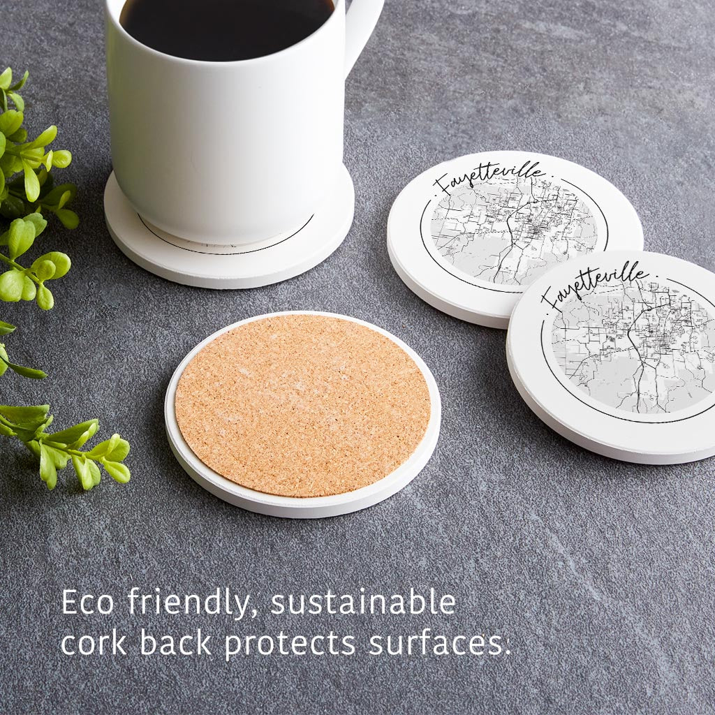 B&W Minimalist Arkansas Fayetteville Circle Map| Absorbent Coasters | Set of 4 | Min 2
