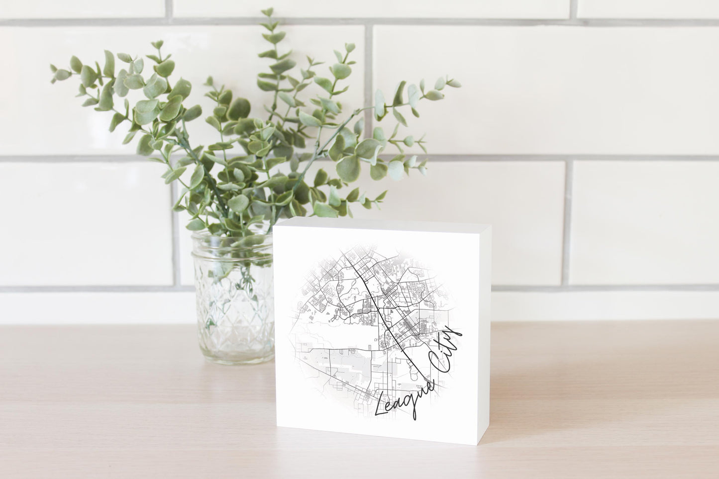 Minimalistic B&W Texas League City Circle Map | Wood Block | Eaches | Min 4