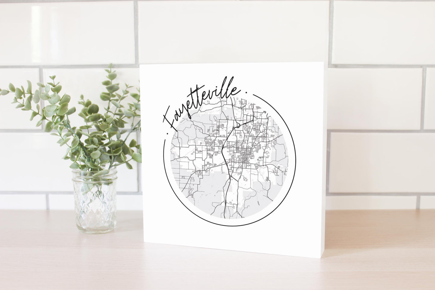 B&W Minimalist Arkansas Fayetteville Circle Map | Wood Block | Eaches | Min 2