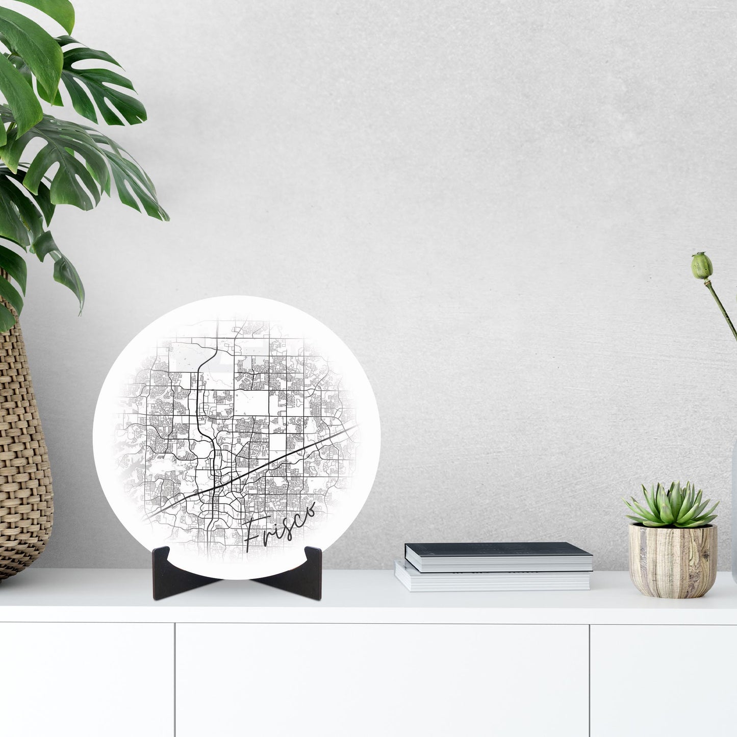 Minimalistic B&W Texas Frisco Circle Map | Wood Sign | Eaches | Min 1