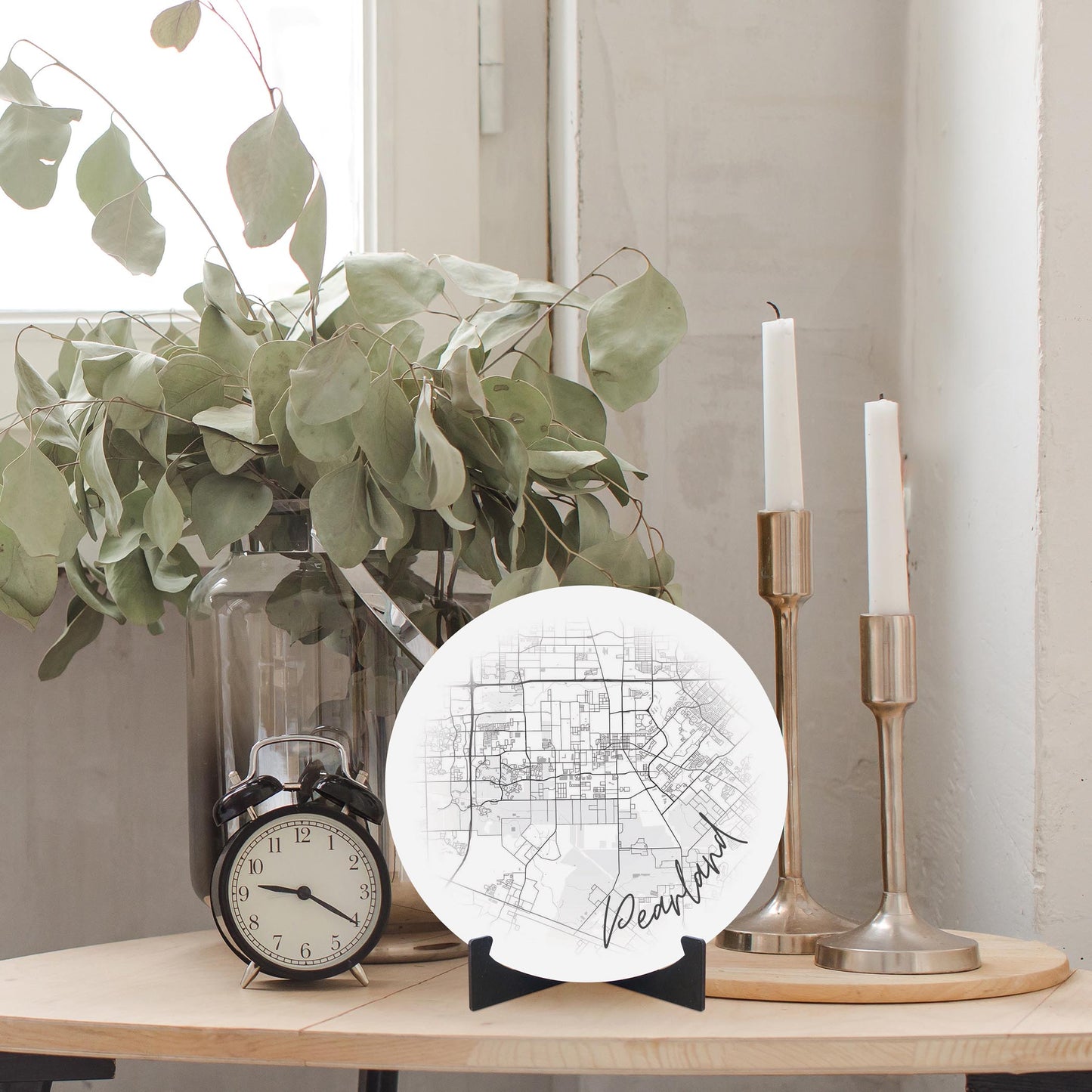 Minimalistic B&W Texas Pearland City Circle Map | Wood Sign | Eaches | Min 1