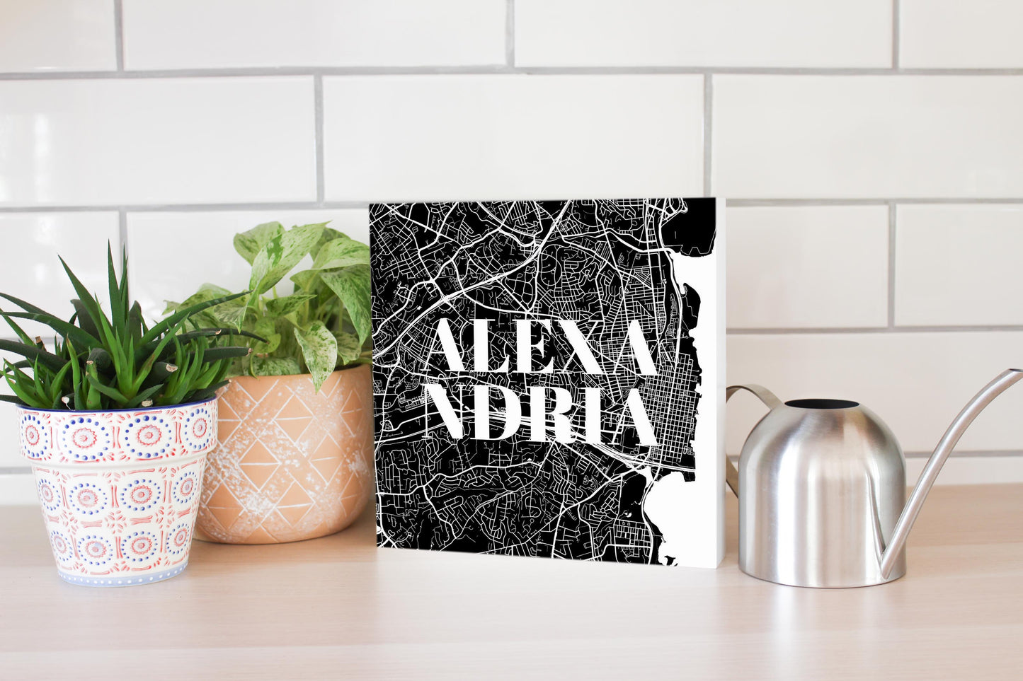Minimalistic B&W Virginia Alexandria Map | Wood Block | Eaches | Min 2