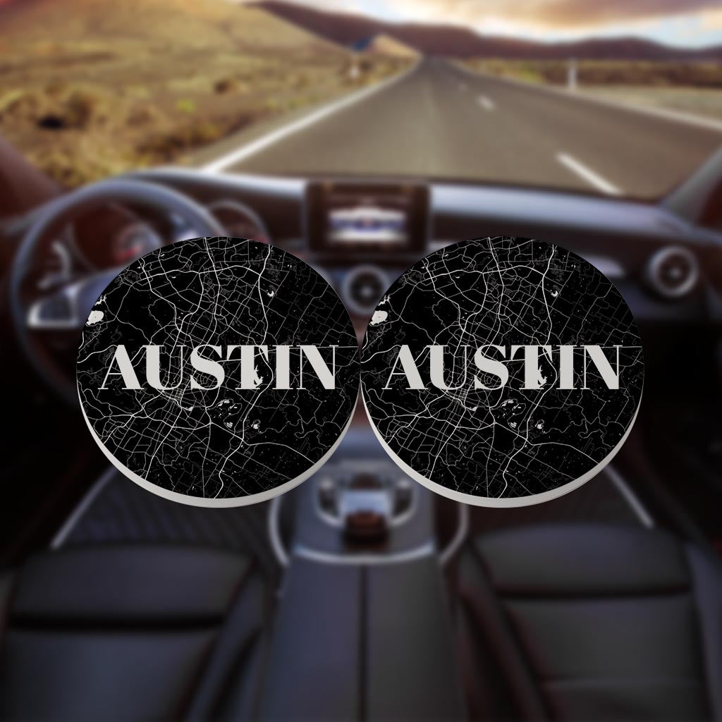 Minimalistic B&W Texas Austin Map | Absorbent Car Coasters | Set of 2 | Min 4