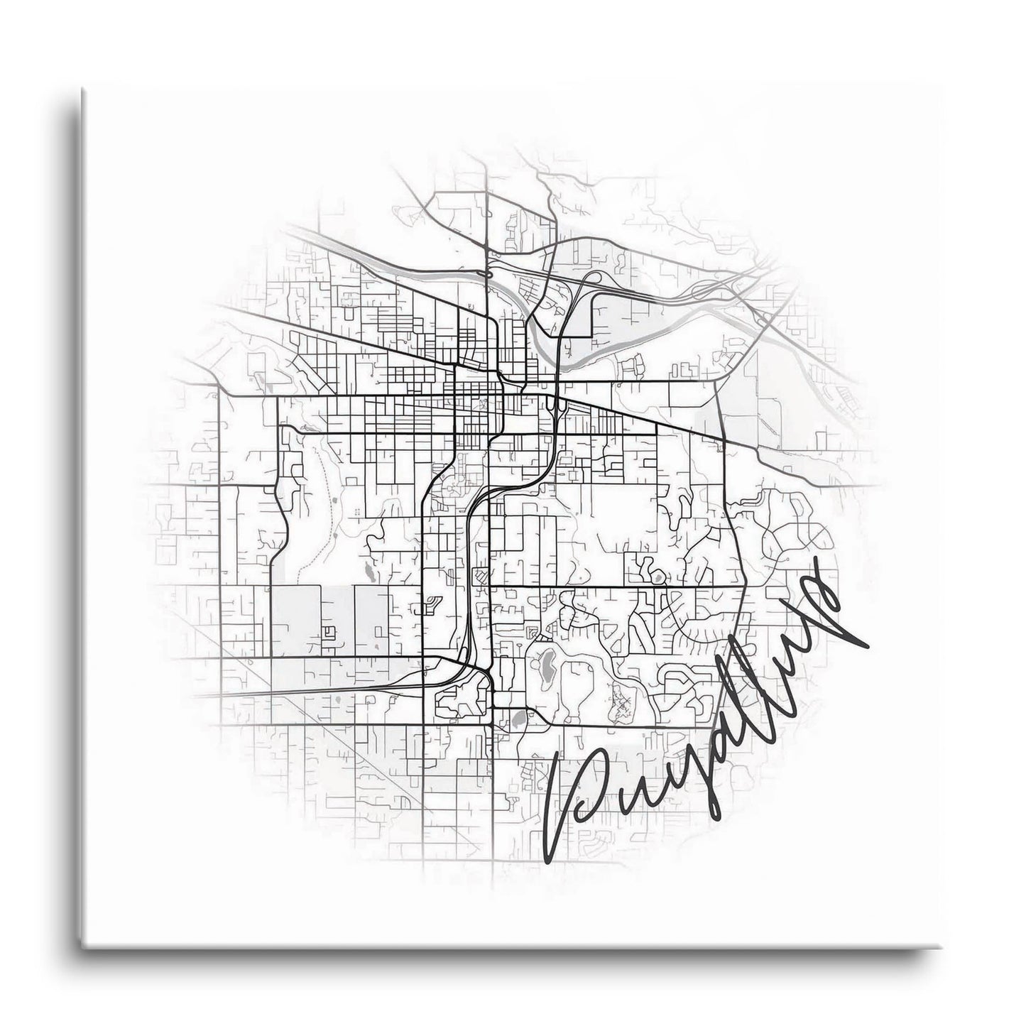 Minimalistic B&W Washington Puyallup Circle Map | Hi-Def Glass Art | Eaches | Min 1