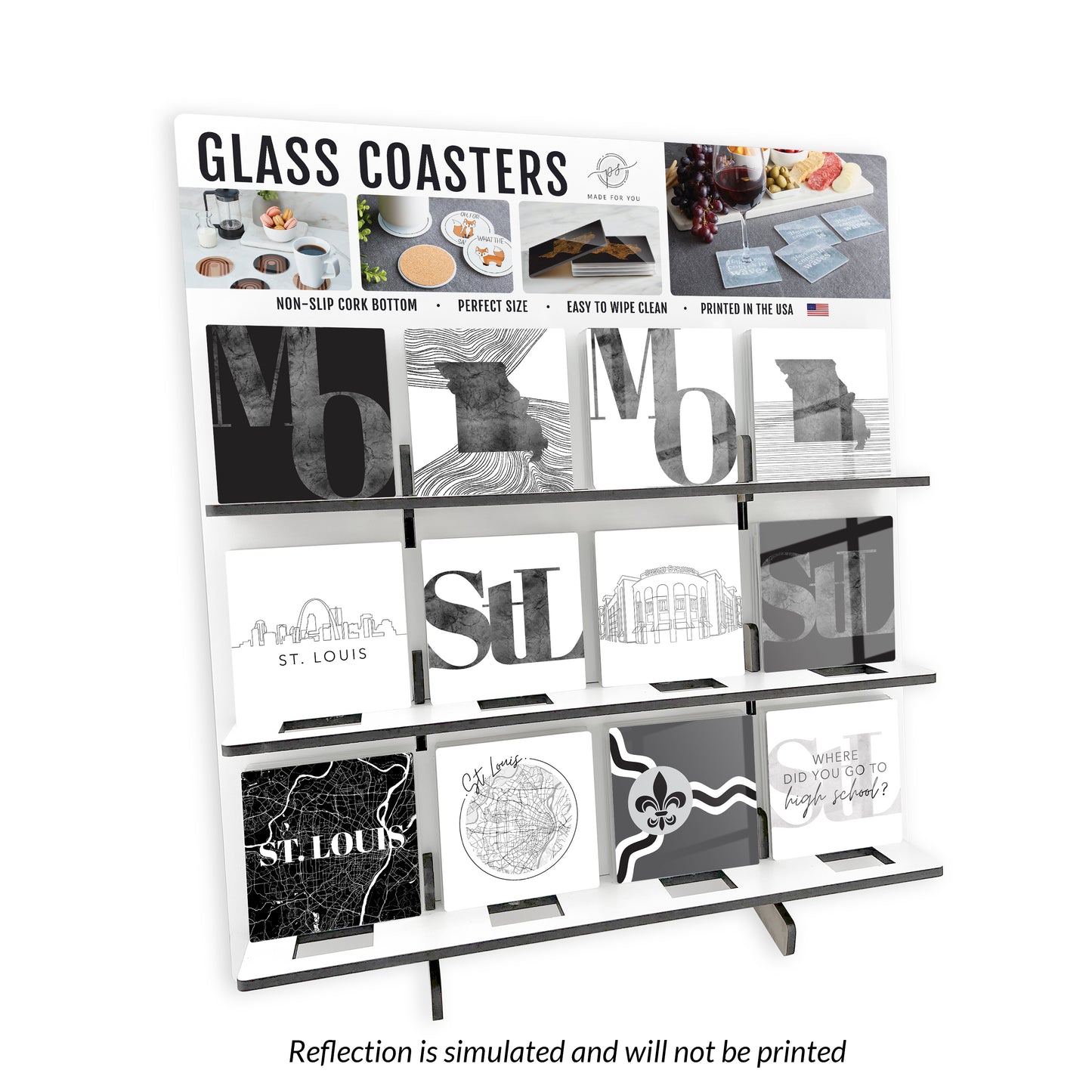 Minimalist B&W Missouri St. Louis Square Glass Coaster Loaded Display POP Min of 1
