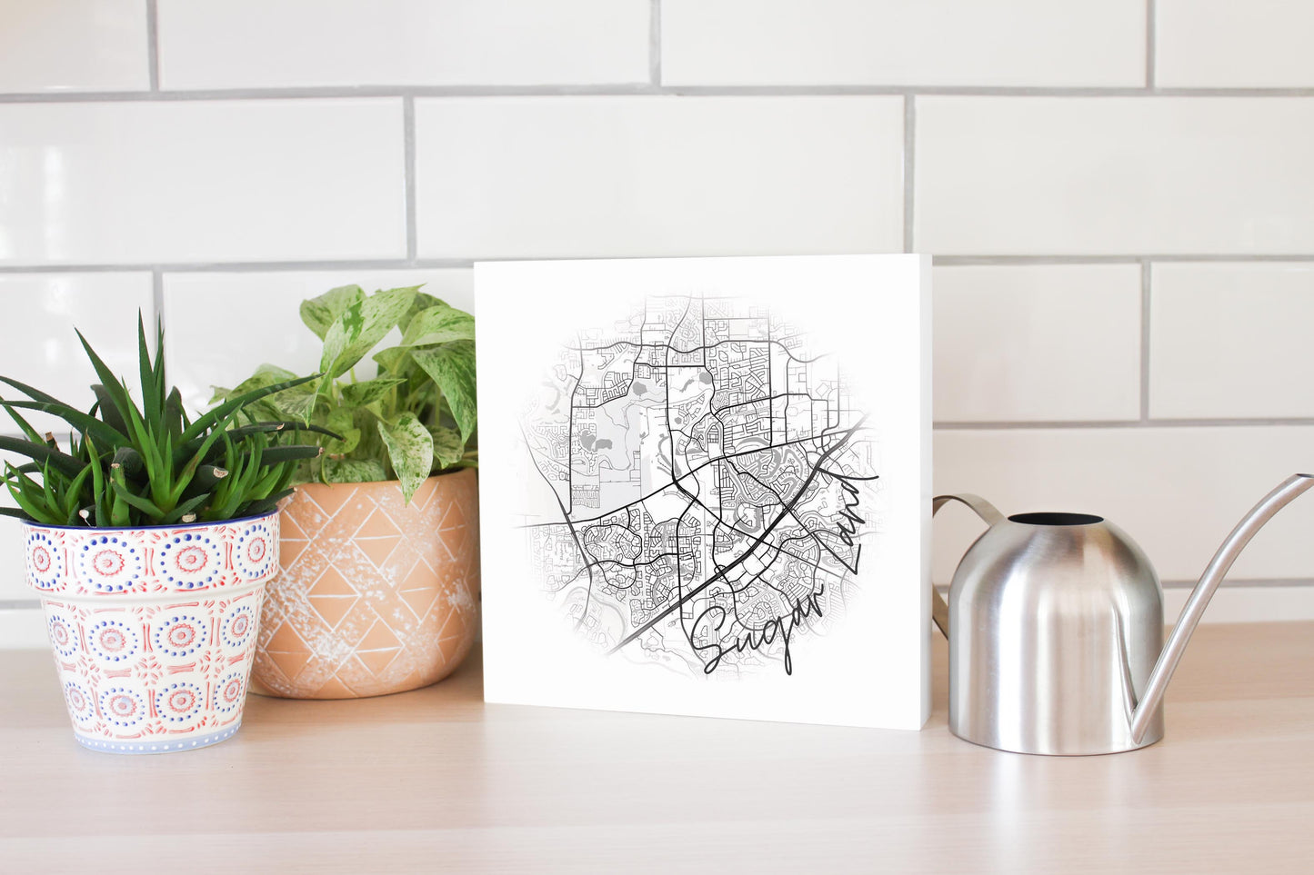 Minimalistic B&W Texas Sugarland Circle Map | Wood Block | Eaches | Min 2