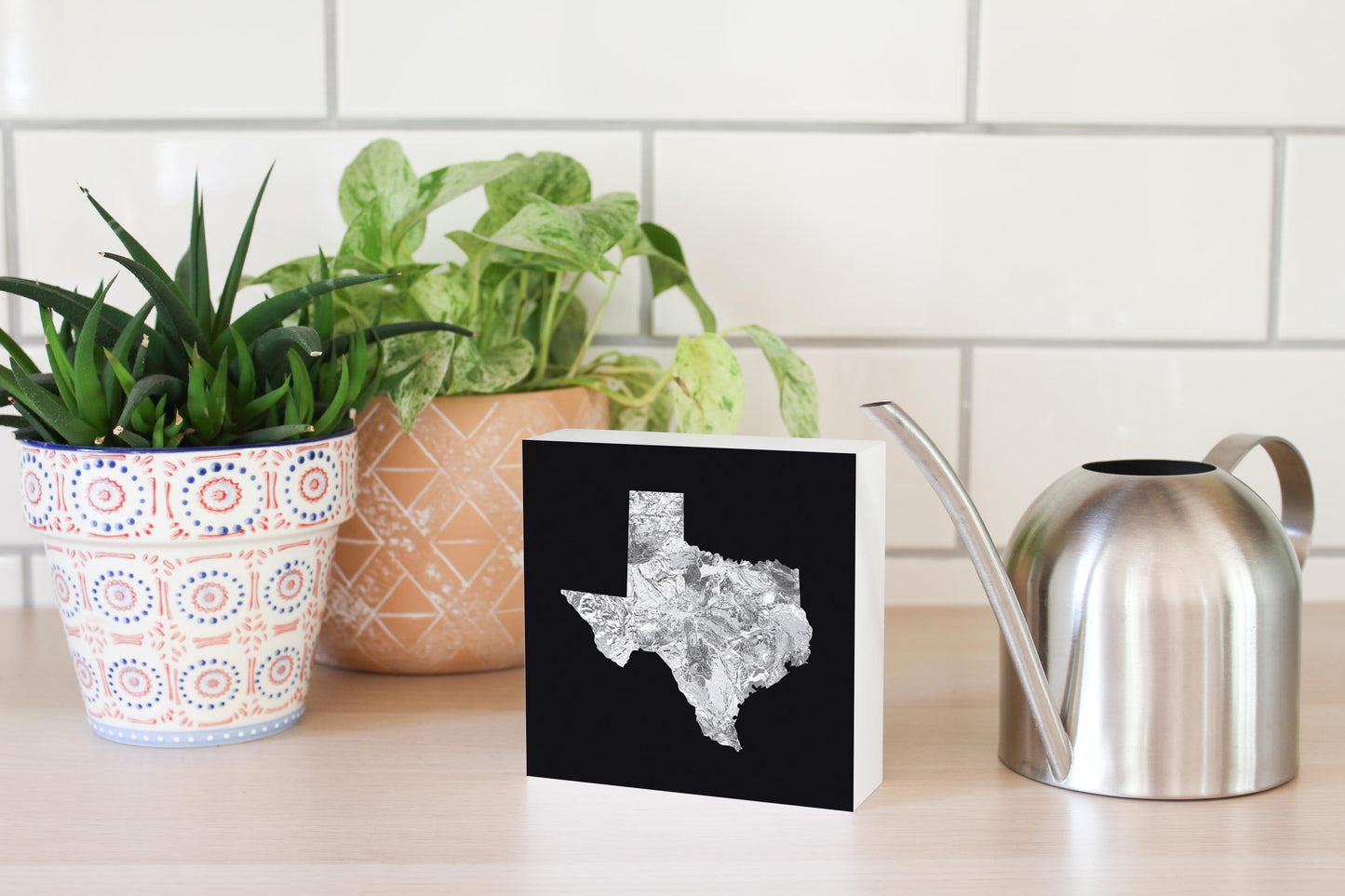 Minimalistic B&W Texas Metal State Shape | Wood Block | Eaches | Min 4