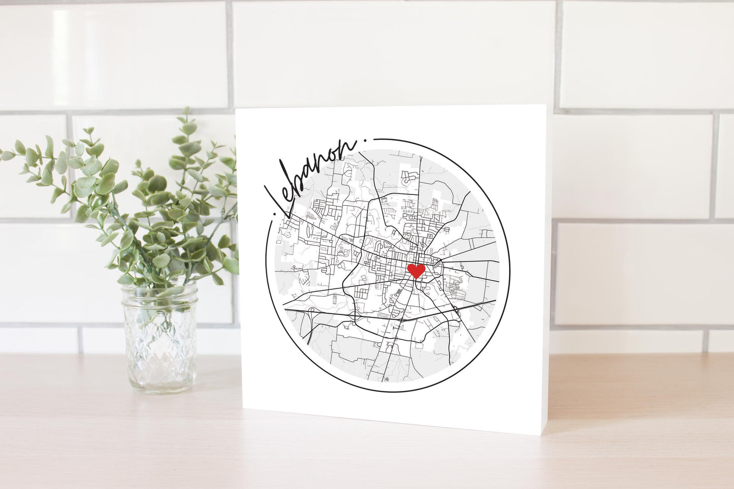 Minimalist B&W Tennessee Lebanon Circle Map Heart | Wood Block | Eaches | Min 2