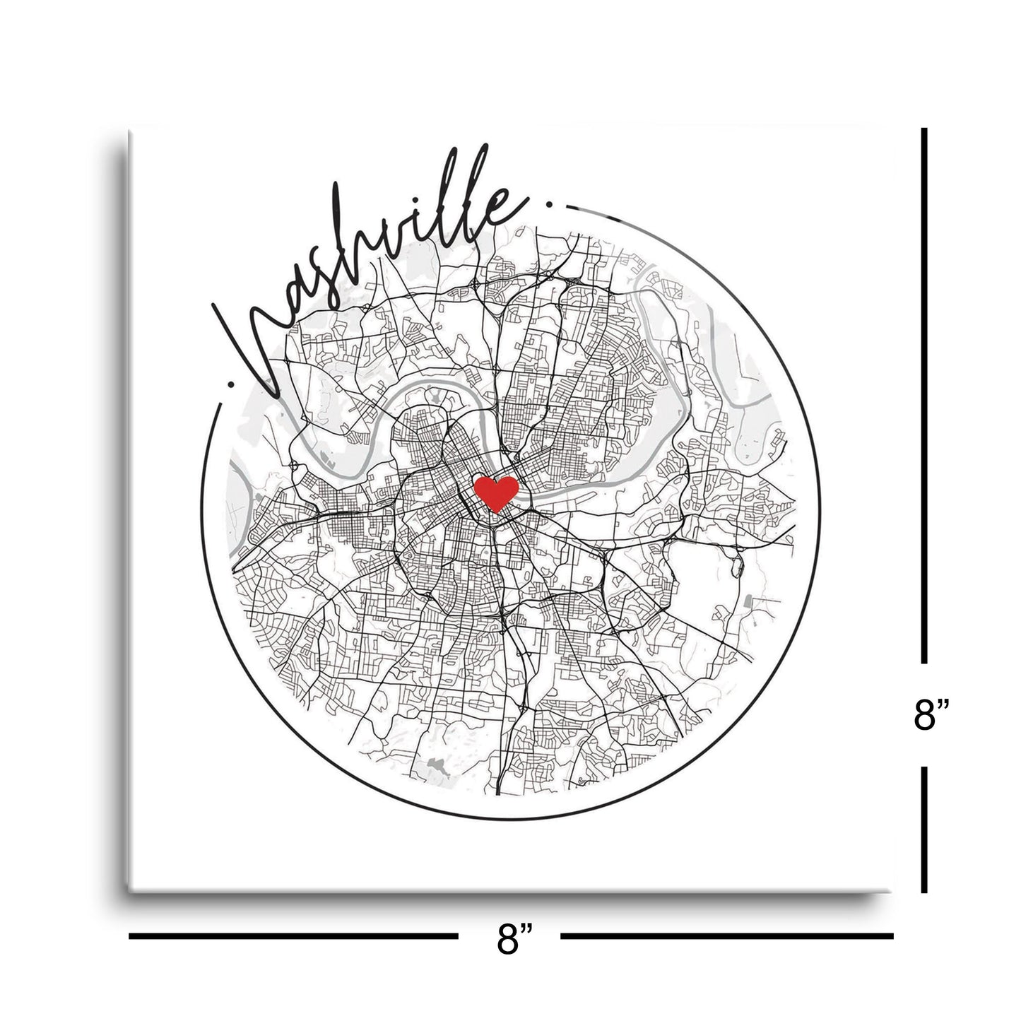 Minimalist B&W Tennessee Nashville Circle Map Heart | Hi-Def Glass Art | Eaches | Min 2