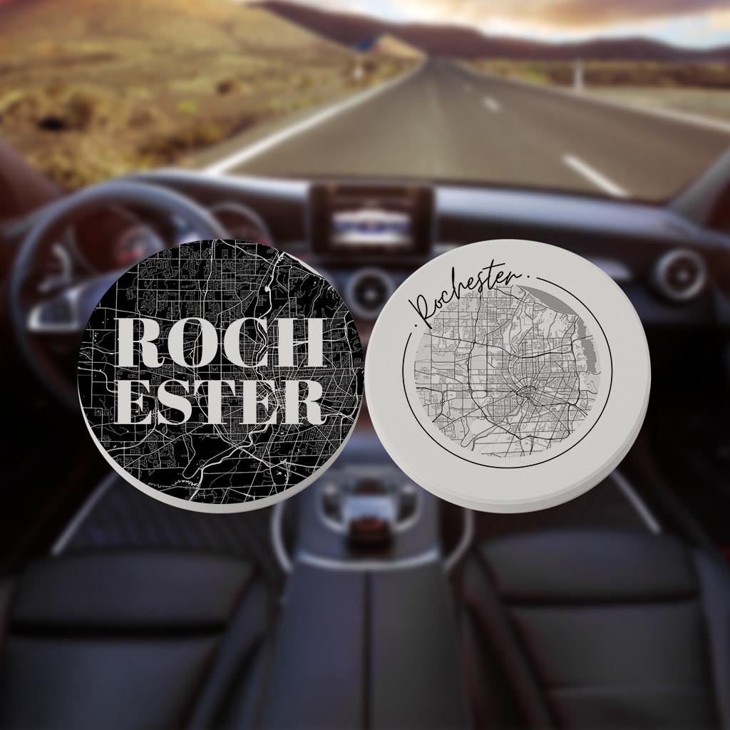 Minimalistic B&W New York Rochester Maps| Absorbent Car Coasters | Set of 2 | Min 4