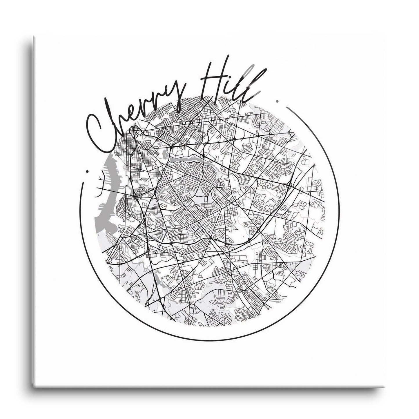 Minimalistic B&W New Jersey Cherry Hill Circle Map | Hi-Def Glass Art | Eaches | Min 1