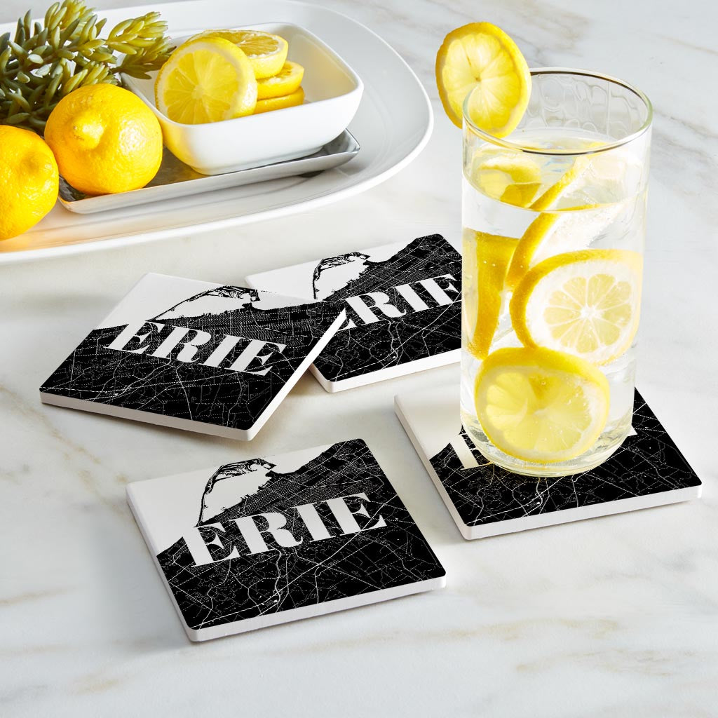 Minimalistic B&W Pennsylvania Erie Map | Absorbent Coasters | Set of 4 | Min 2