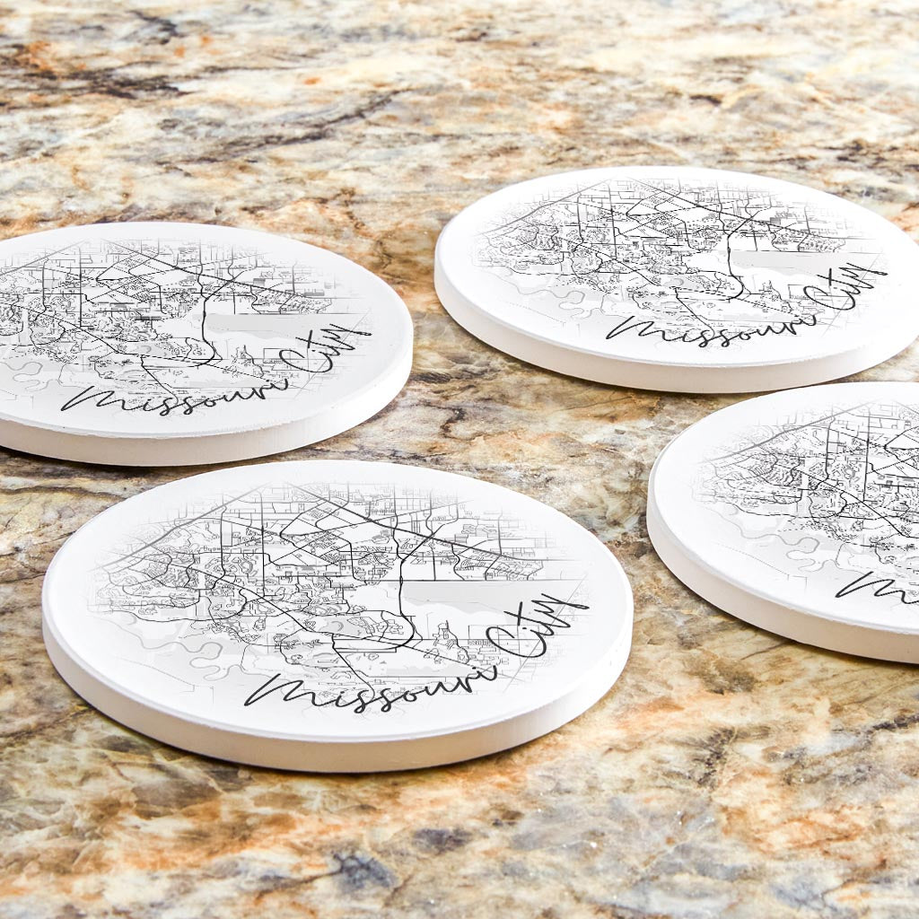 Minimalistic B&W Texas Missouri City Circle Map | Absorbent Coasters | Set of 4 | Min 2