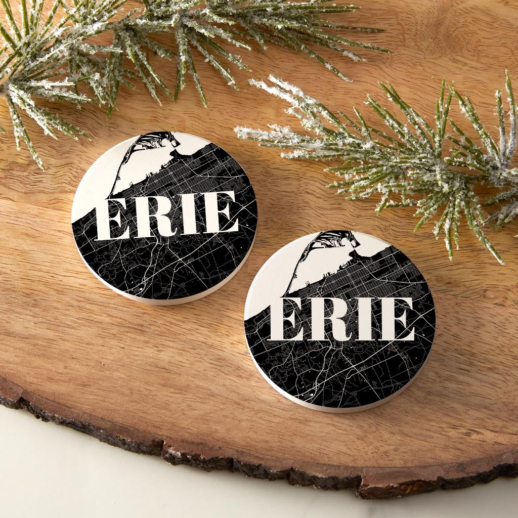Minimalistic B&W Pennsylvania Erie Map | Absorbent Car Coasters | Set of 2 | Min 4