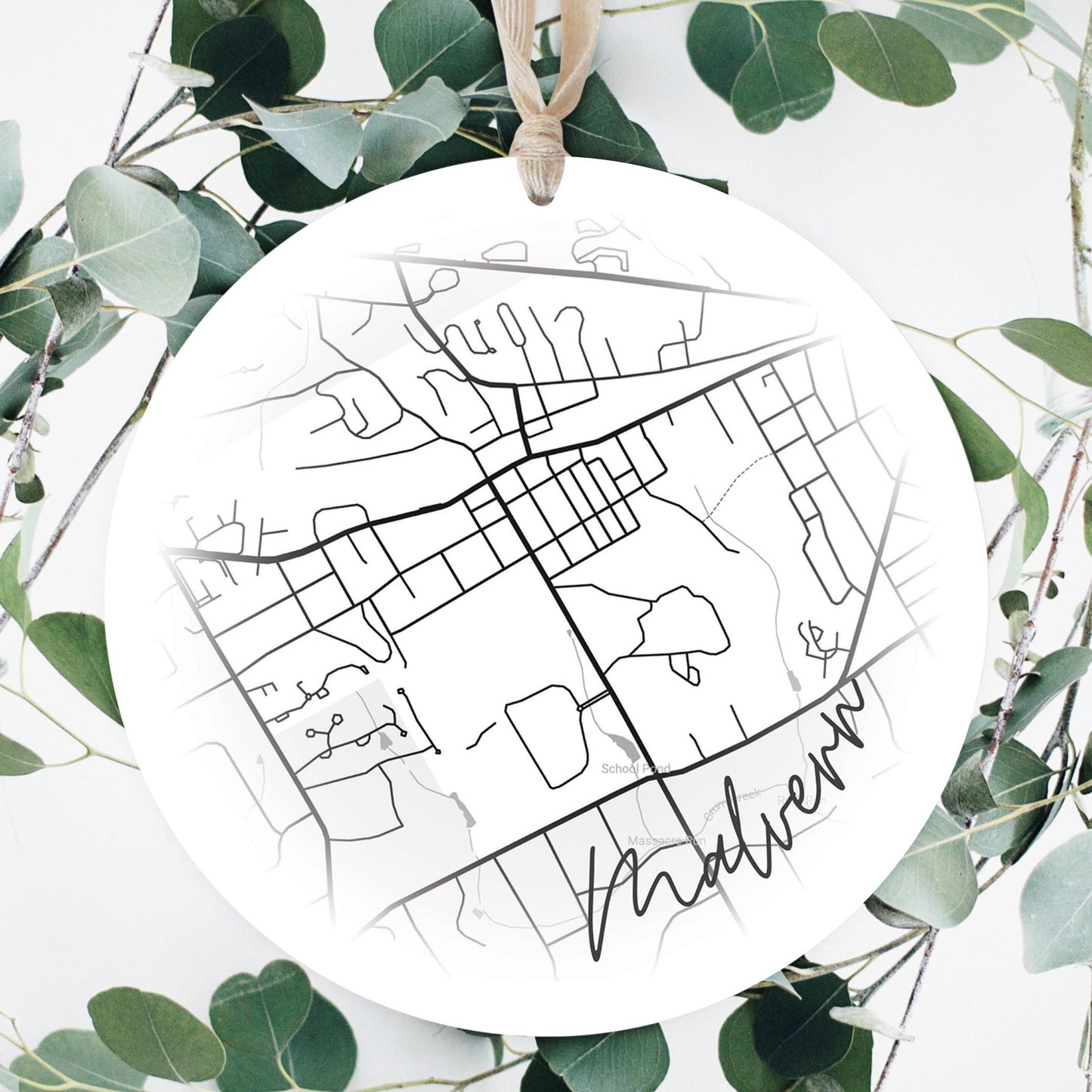 Minimalistic B&W Pennsylvania Malvern Circle Map | Wood Ornament | Eaches | Min 1