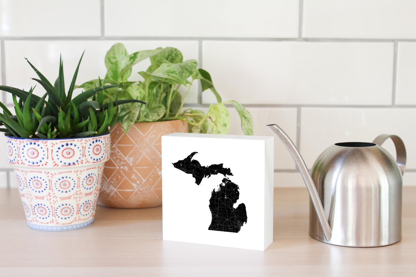 Minimalistic B&W Michigan Map Petoskey Star | Wood Block | Eaches | Min 4