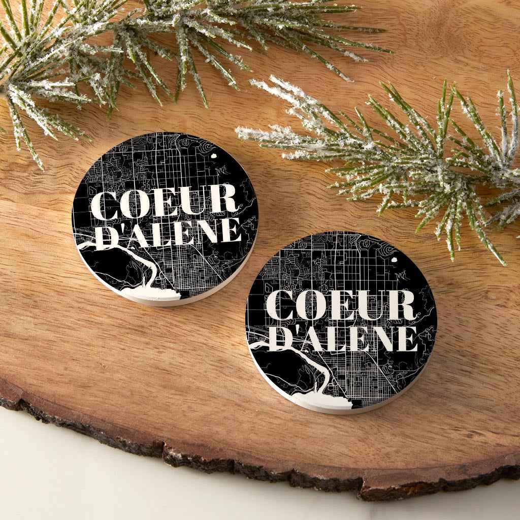 Minimalist B&W Idaho Coeur Dalene Map | Absorbent Car Coasters | Set of 2 | Min 4