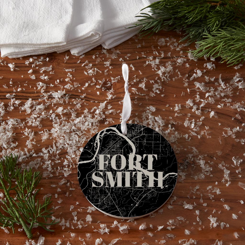 B&W Minimalist Arkansas Fort Smith Map| Wood Ornament | Eaches | Min 6