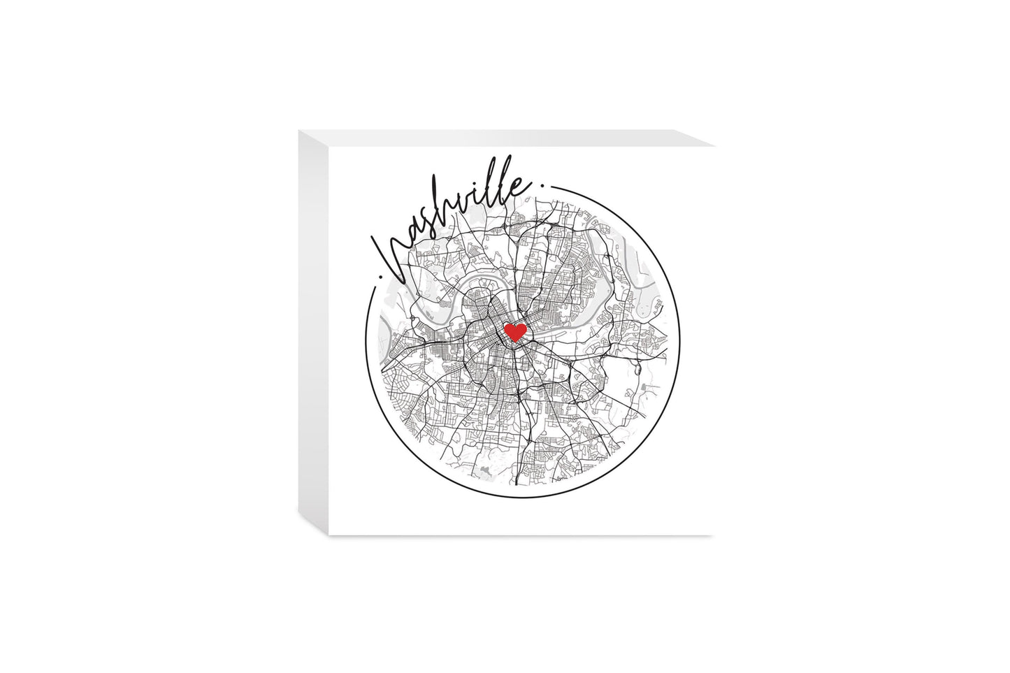 Minimalist B&W Tennessee Nashville Circle Map Heart | Wood Block | Eaches | Min 4