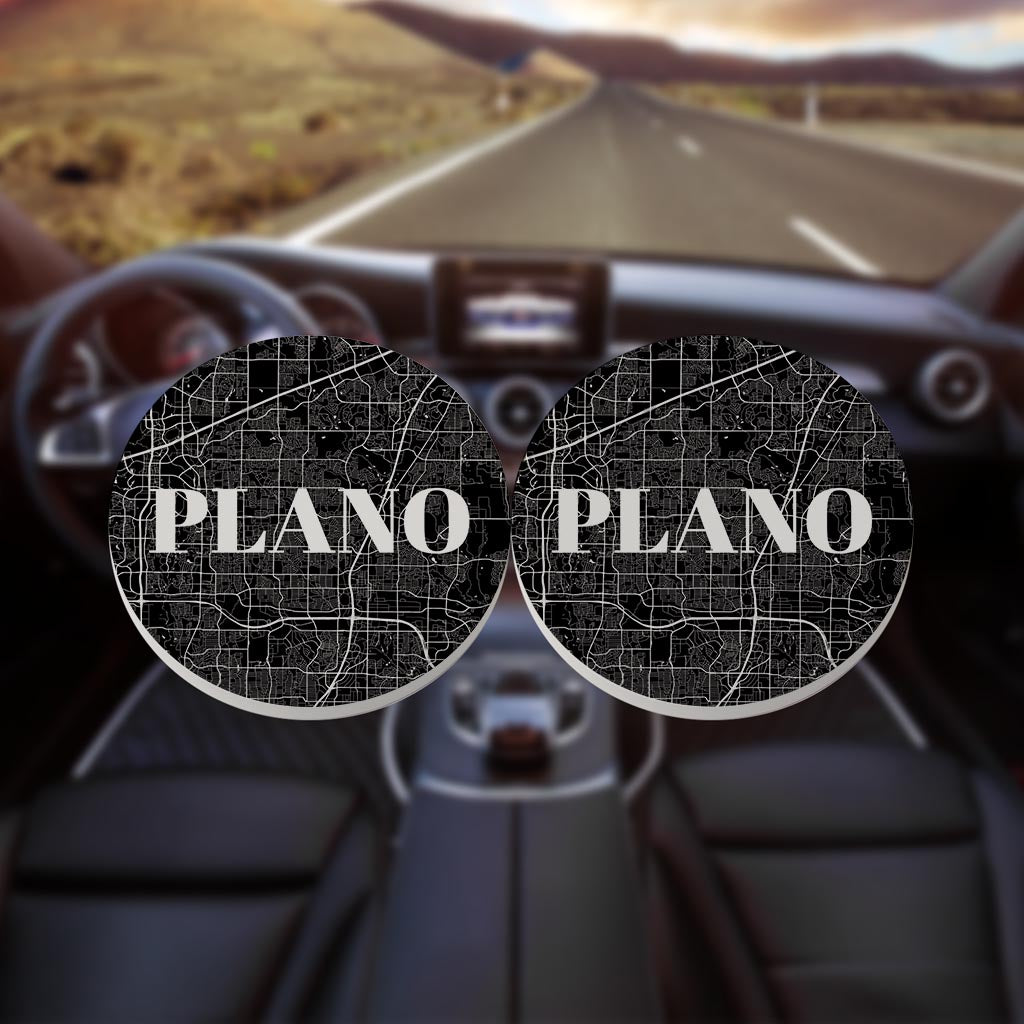 Minimalistic B&W Texas Plano Map | Absorbent Car Coasters | Set of 2 | Min 4