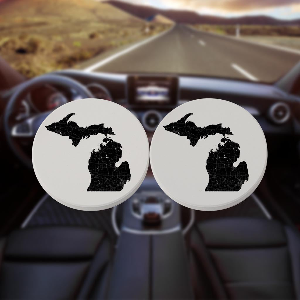 Minimalistic B&W Michigan Map Petoskey Star| Absorbent Car Coasters | Set of 2 | Min 4