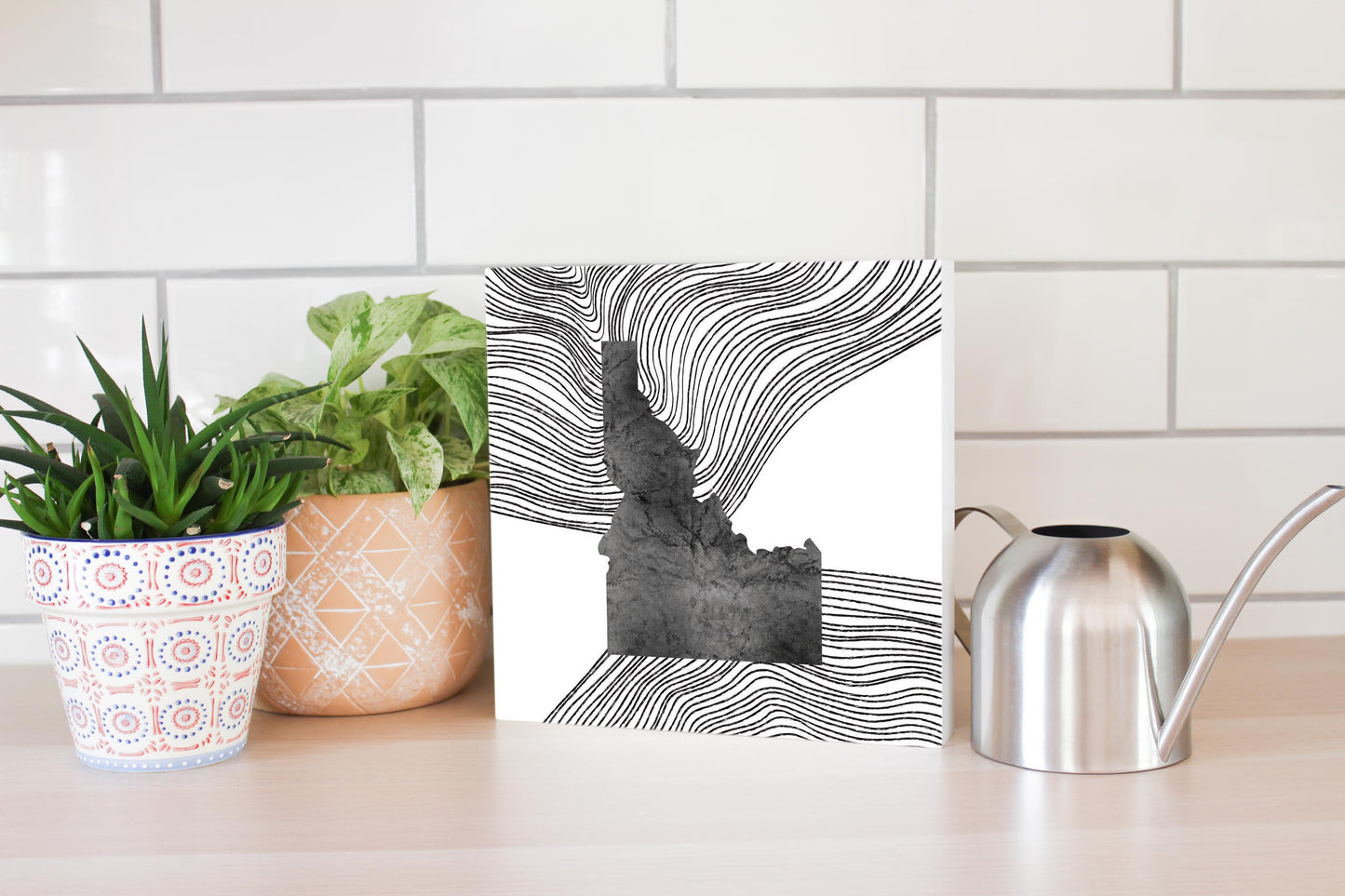 Minimalist B&W Idaho State With Fluid Lines | Wood Block | Eaches | Min 2