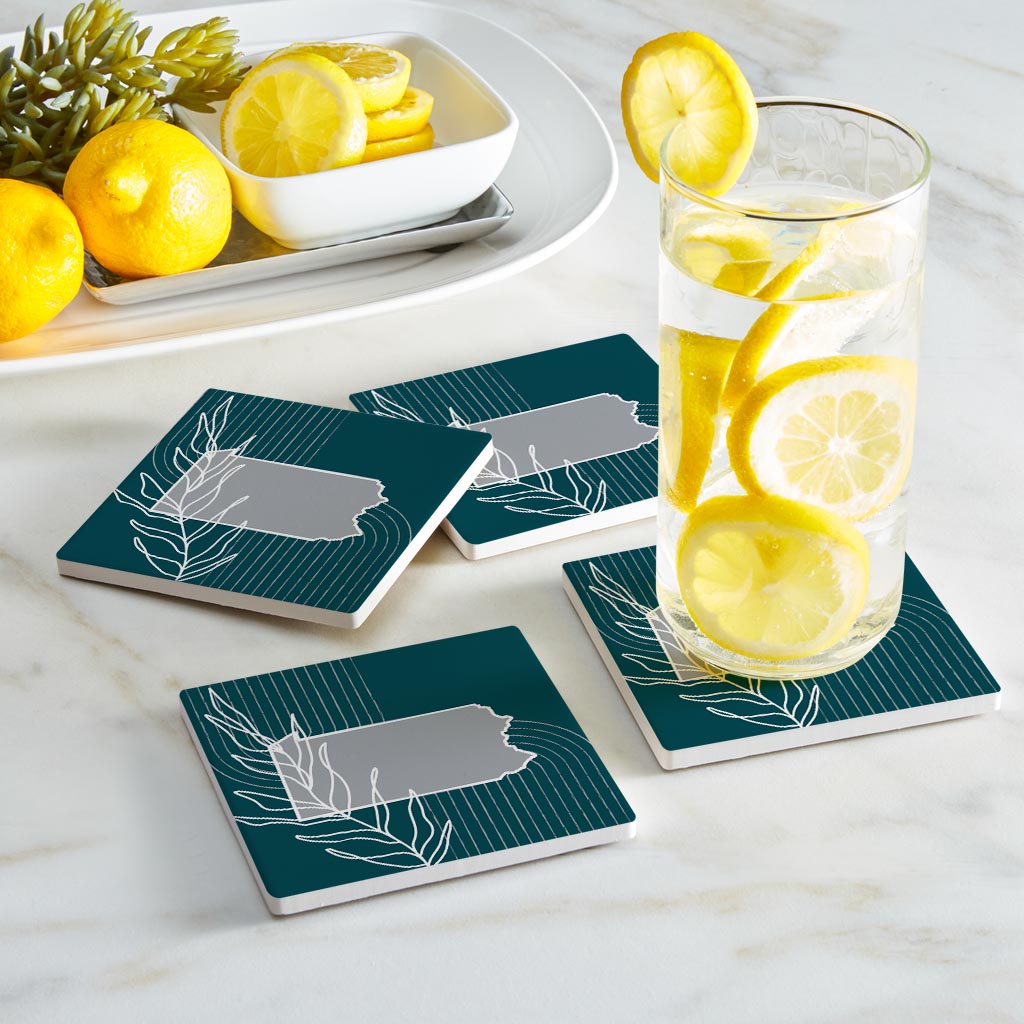 Modern Minimalist Pennsylvania Shape With Leaf | Absorbent Coasters | Set of 4 | Min 2