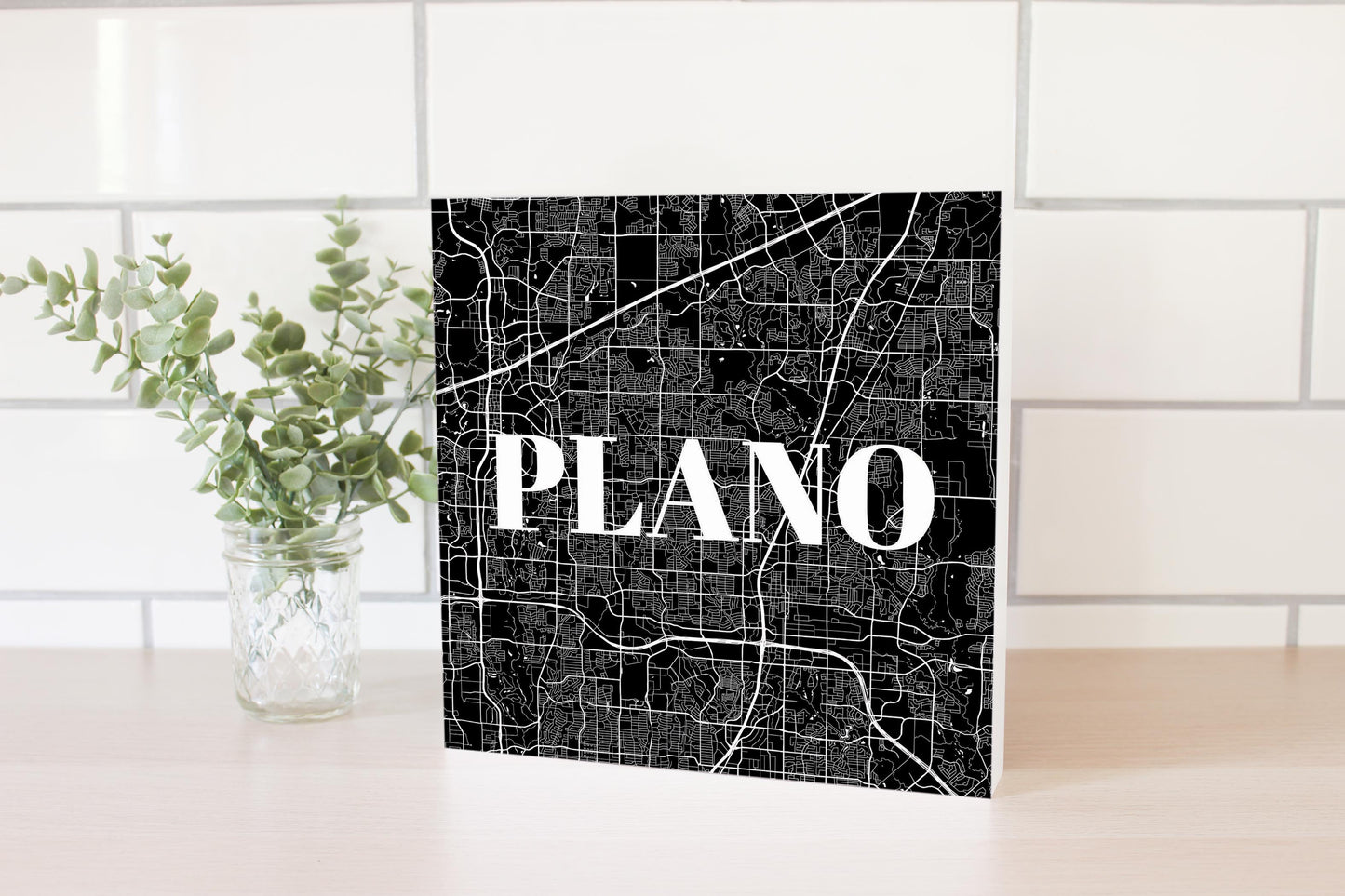 Minimalistic B&W Texas Plano Map | Wood Block | Eaches | Min 2