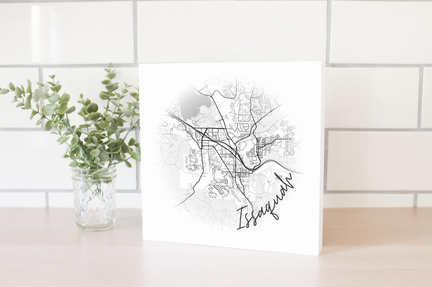 Minimalistic B&W Washington Issaquah Circle Map | Wood Block | Eaches | Min 2