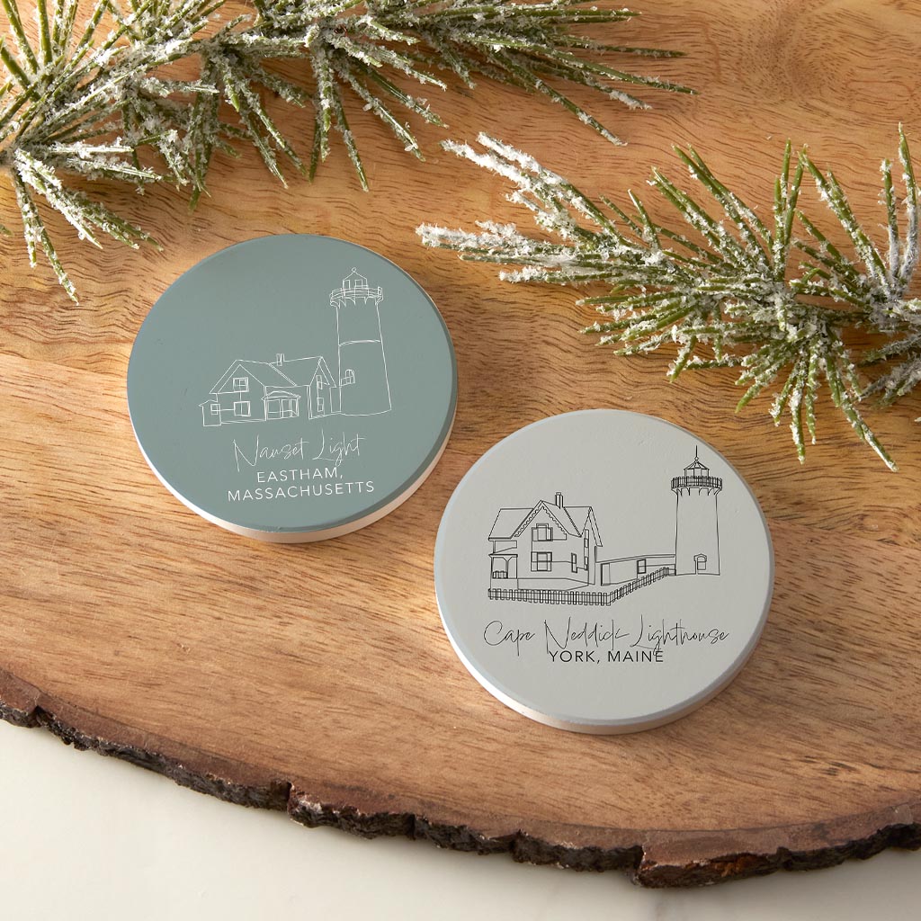 New England Lighthouses Muted Coastal | Absorbent Car Coasters | Set of 2 | Min 4