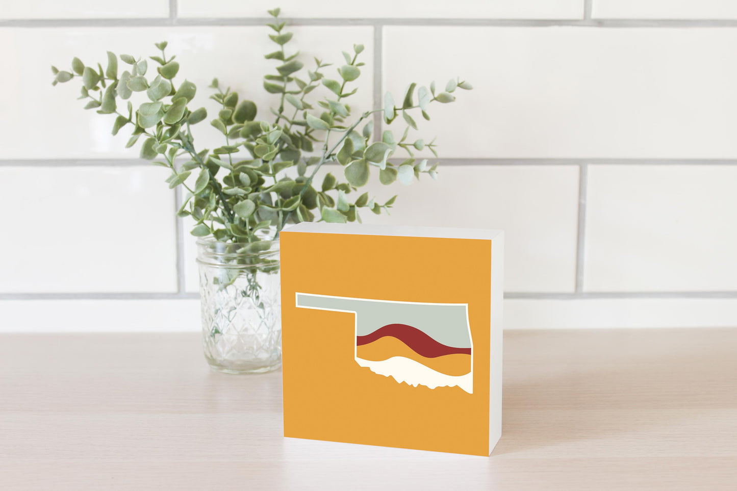 Modern Minimalist Oklahoma Orange Retro State Shape With Hills | Wood Block | Eaches | Min 4