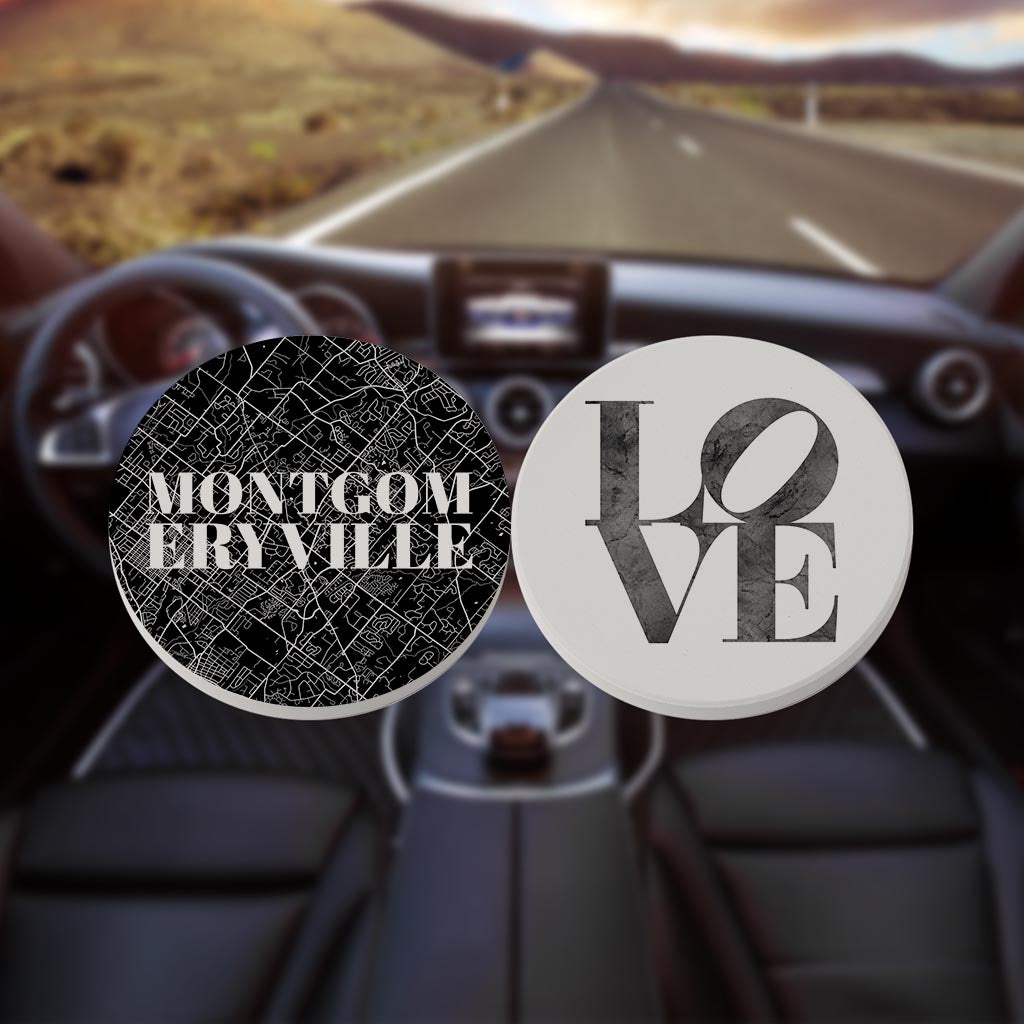 Minimalistic B&W Pennsylvania Montgomeryville Map Love| Absorbent Car Coasters | Set of 2 | Min 4