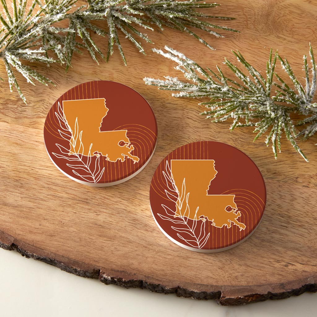 Modern Minimalist Louisiana State Shape With Leaf | Absorbent Car Coasters | Set of 2 | Min 4