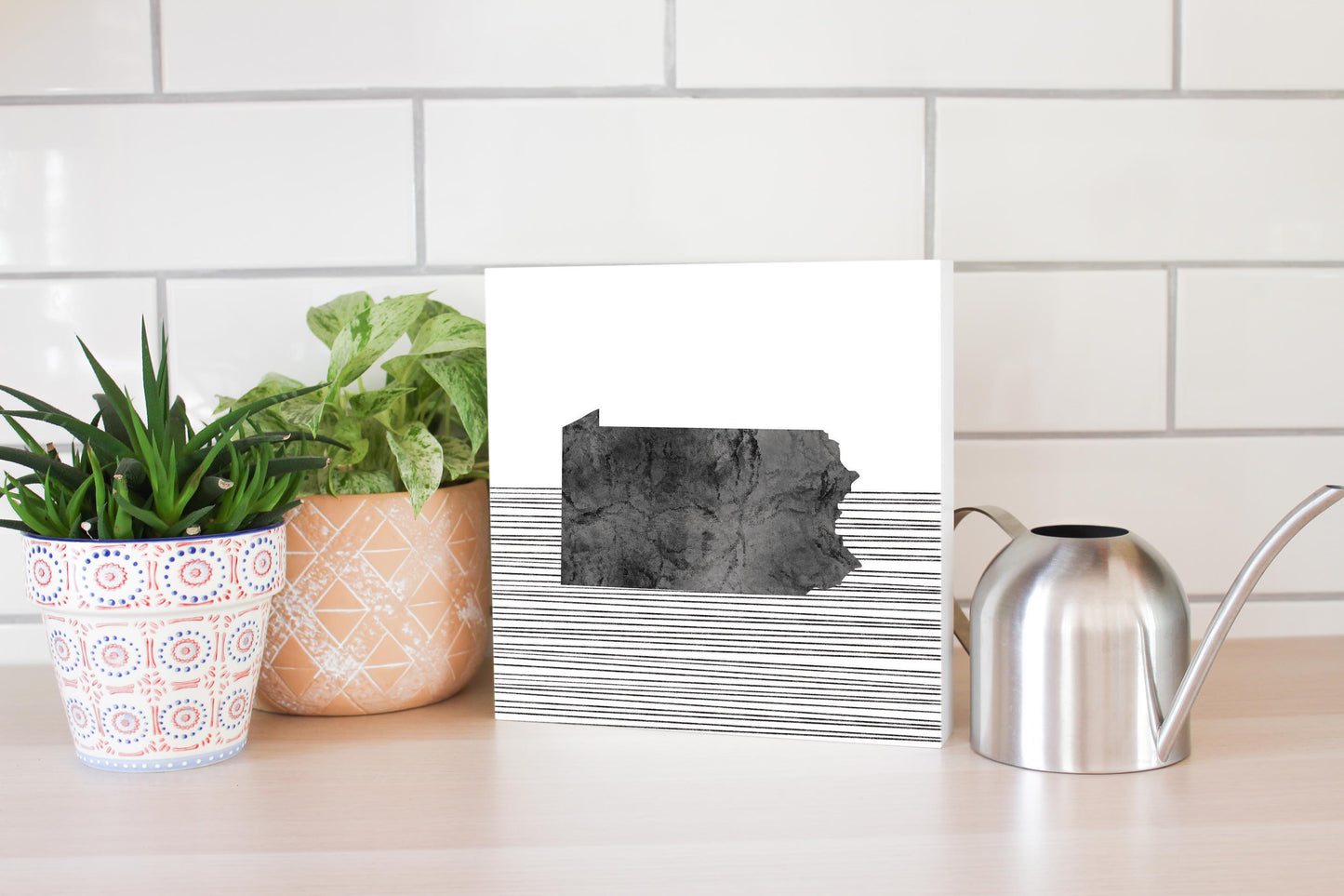 Minimalistic B&W Pennsylvania Shape Straight Lines | Wood Block | Eaches | Min 2
