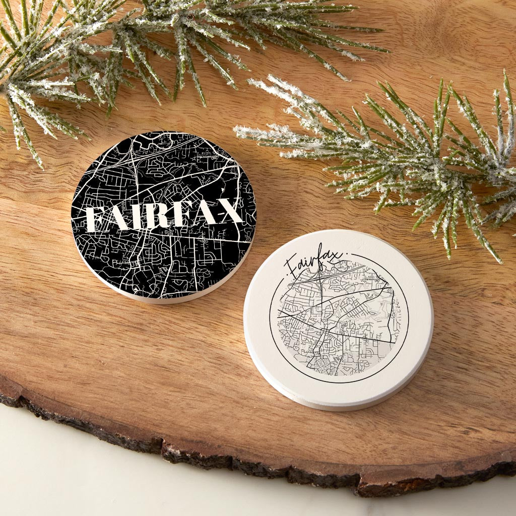 Minimalistic B&W Virginia Fairfax Maps | Absorbent Car Coasters | Set of 2 | Min 4