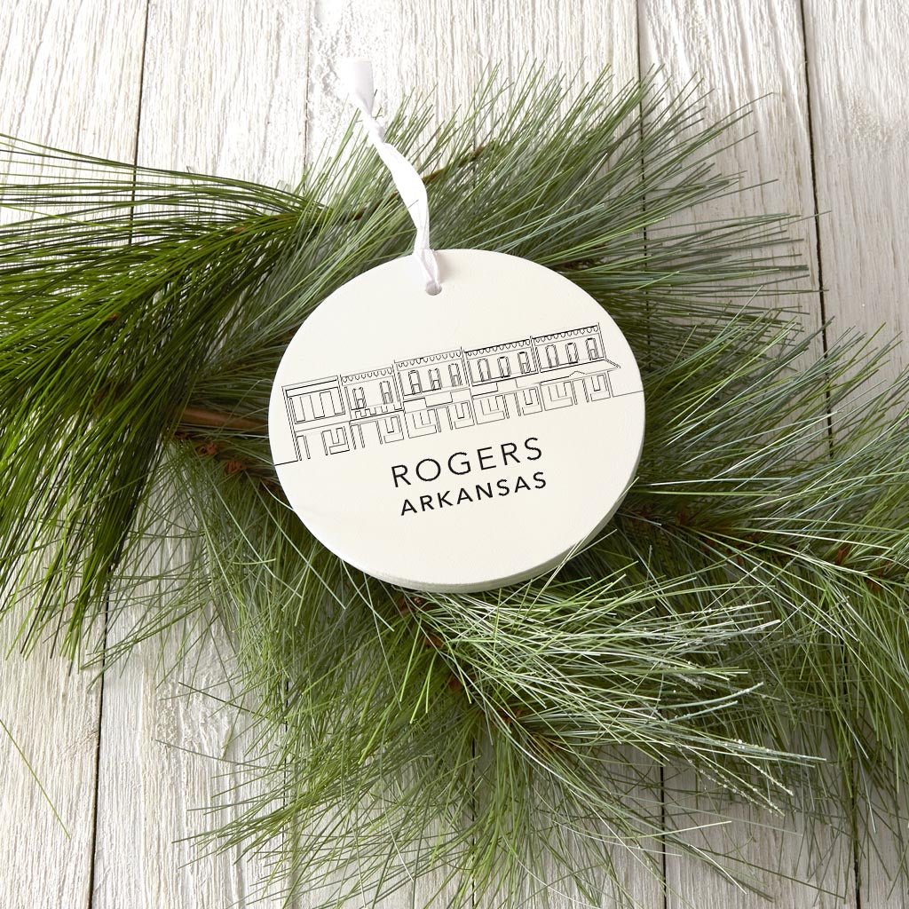 Minimalist B&W Arkansas Rogers Skyline State| Wood Ornament | Eaches | Min 6