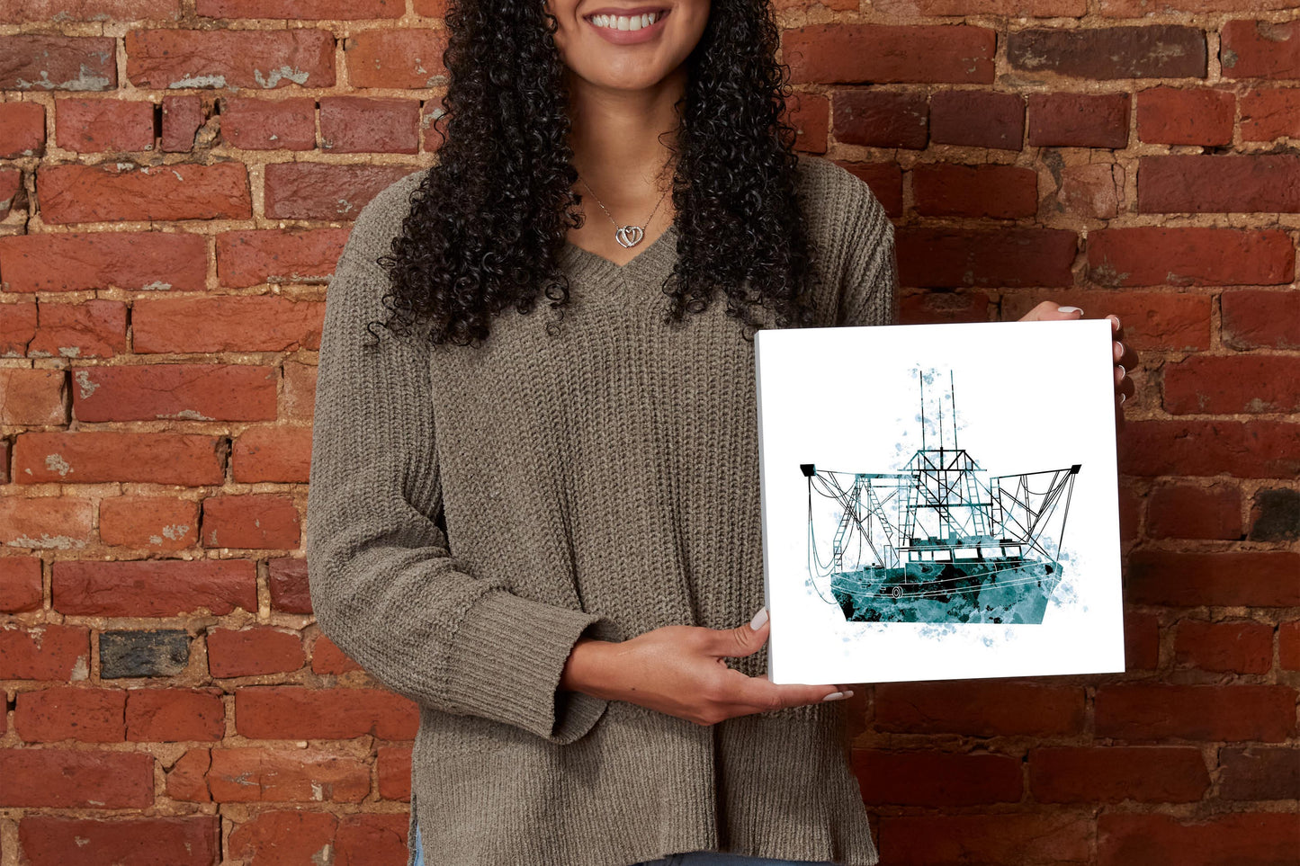 Blue White Water Color Shrimp Boat | Wood Block | Eaches | Min 2