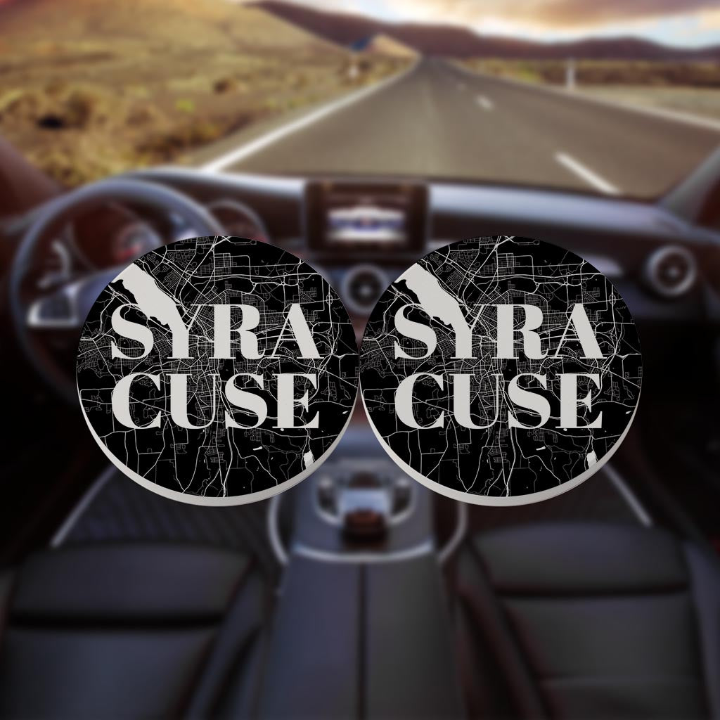Minimalistic B&W New York Syracuse Map | Absorbent Car Coasters | Set of 2 | Min 4