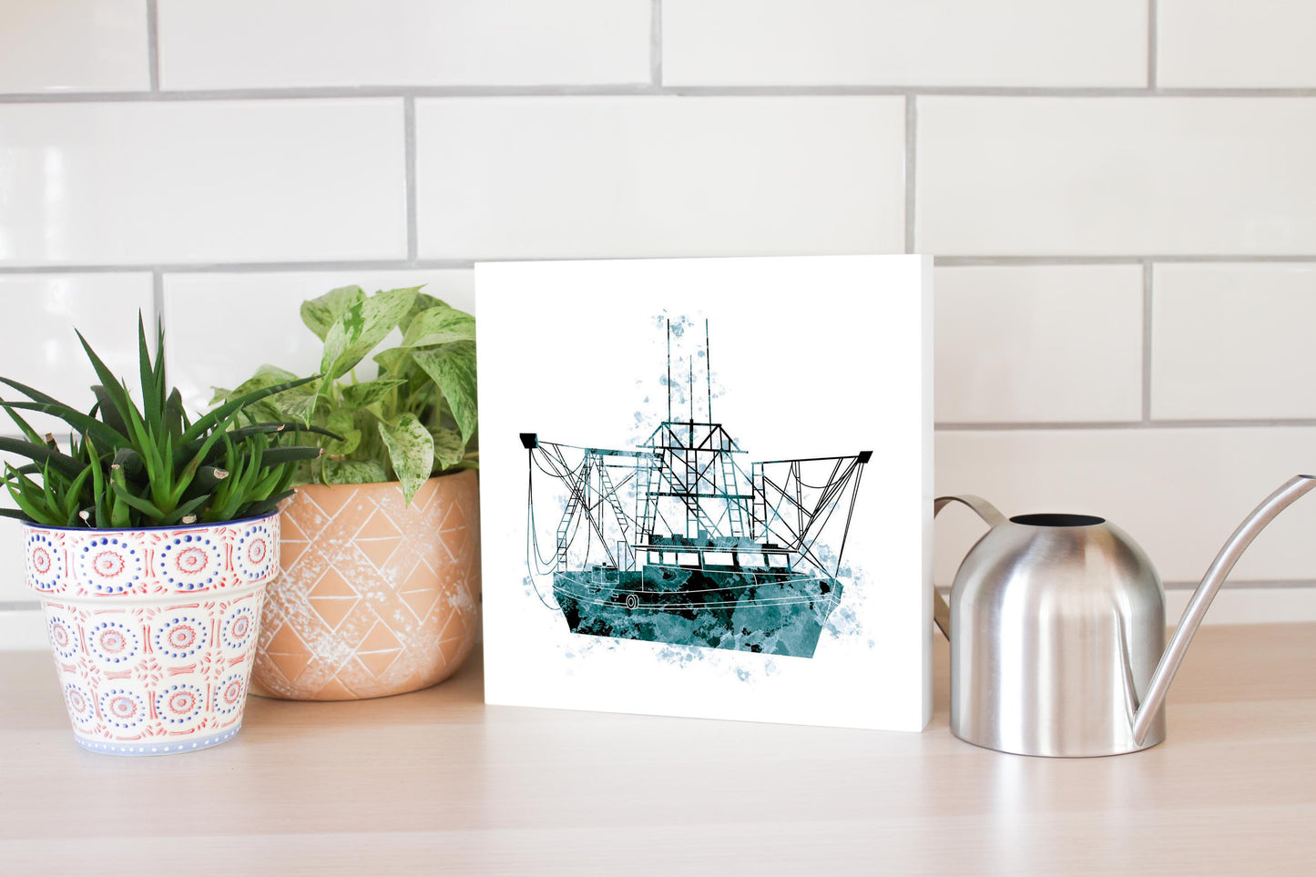 Blue White Water Color Shrimp Boat | Wood Block | Eaches | Min 2