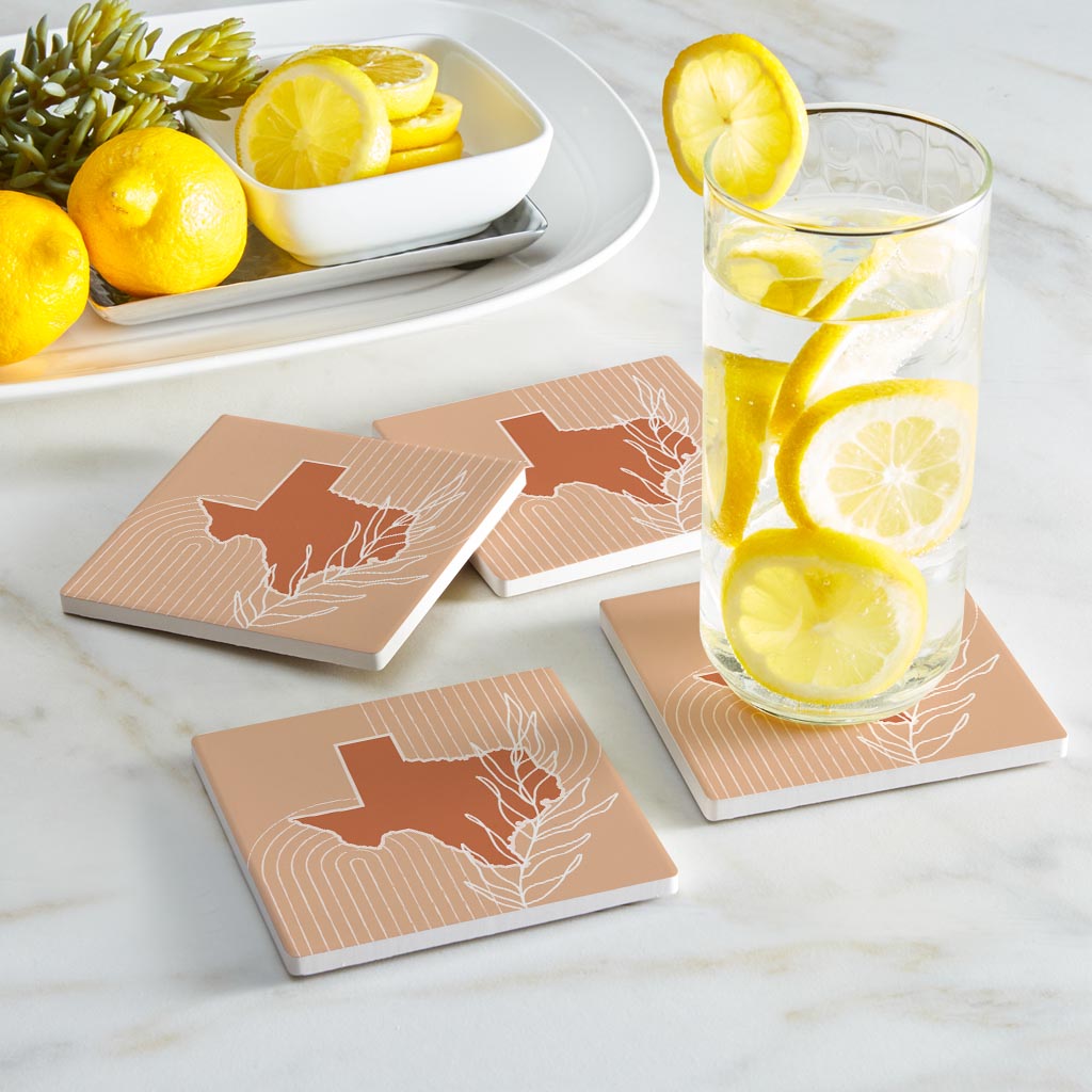 Modern Minimalist Texas State Shape With Leaf | Absorbent Coasters | Set of 4 | Min 2