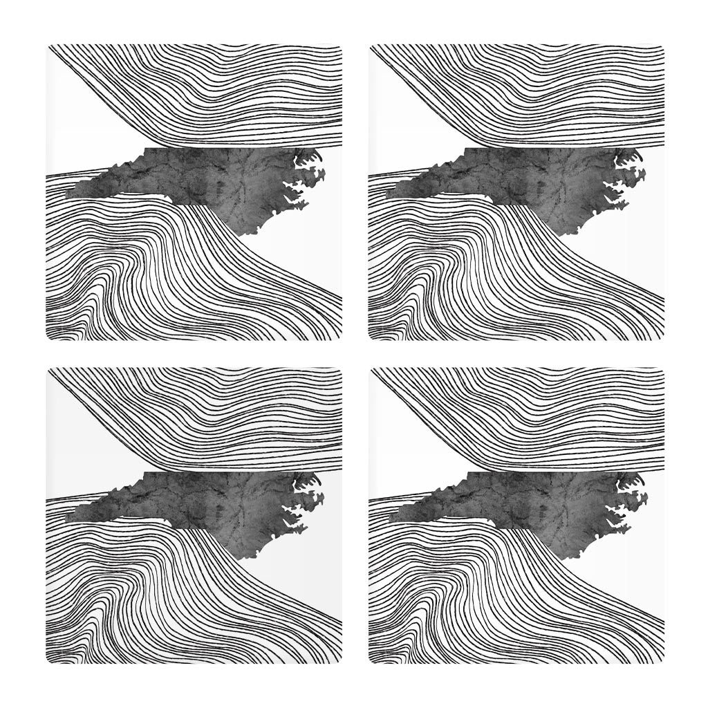 Minimalistic B&W North Carolina State With Fluid Lines| Absorbent Coasters | Set of 4 | Min 2