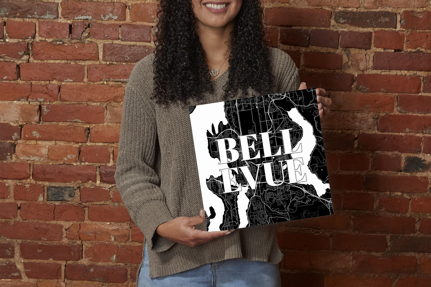 Minimalistic B&W Washington Bellevue Map | Wood Sign | Eaches | Min 2