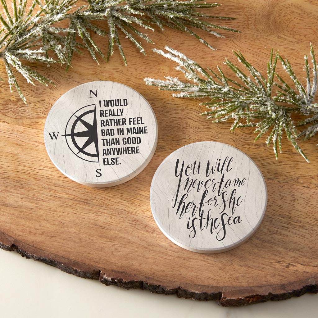 New England Sayings With Wood Grain | Absorbent Car Coasters | Set of 2 | Min 4