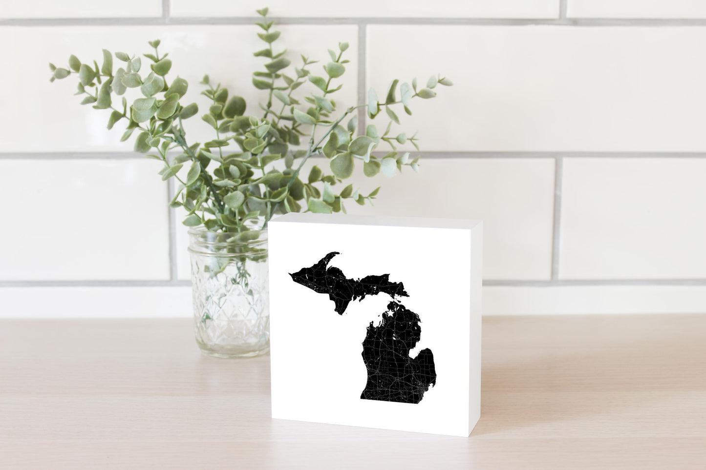 Minimalistic B&W Michigan Map Petoskey Star | Wood Block | Eaches | Min 4