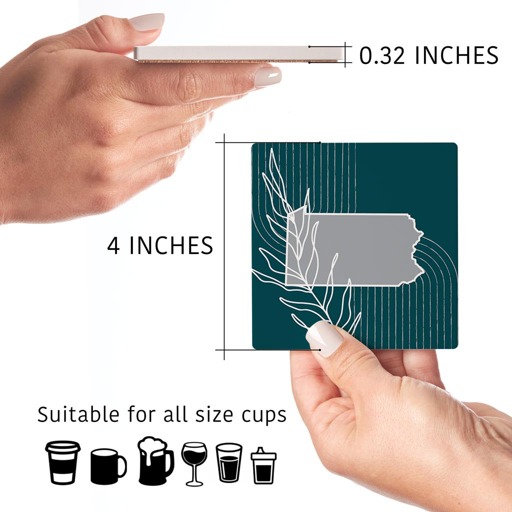 Modern Minimalist Pennsylvania Shape With Leaf | Absorbent Coasters | Set of 4 | Min 2