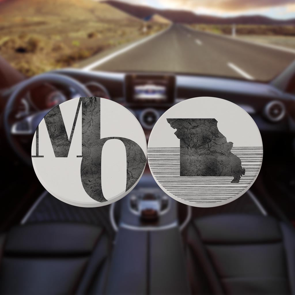 Minimalist B&W Missouri White Initials State Shape| Absorbent Car Coasters | Set of 2 | Min 4
