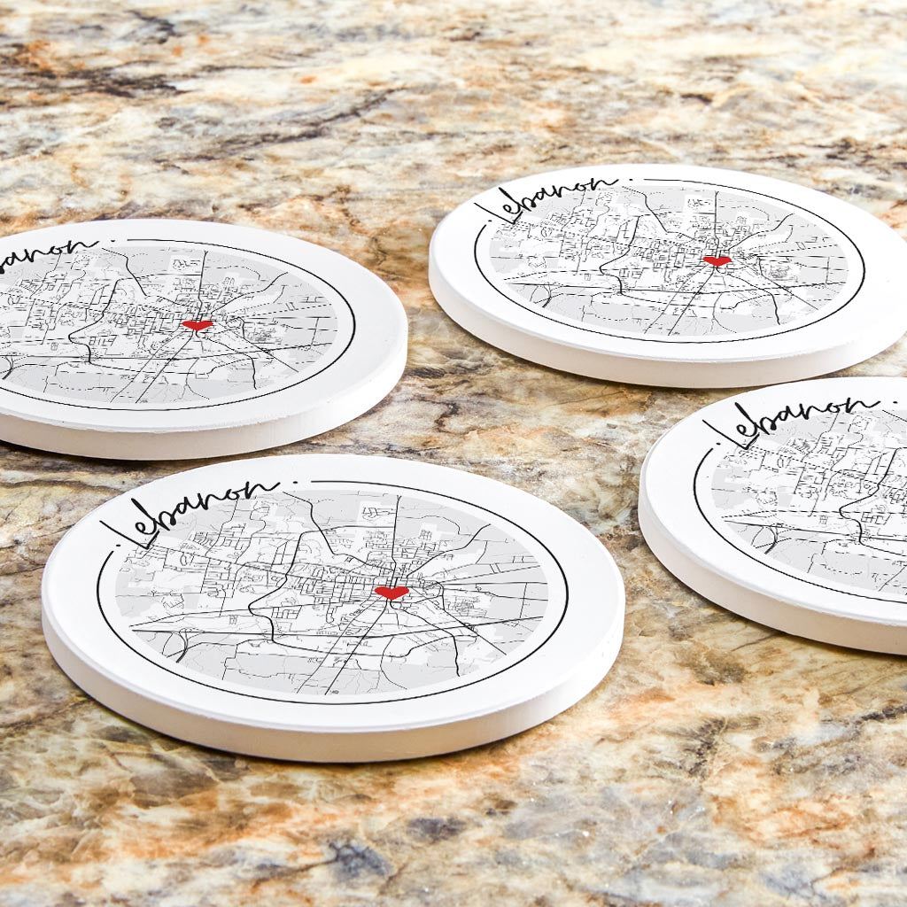 Minimalist B&W Tennessee Lebanon Circle Map Heart | Absorbent Coasters | Set of 4 | Min 2