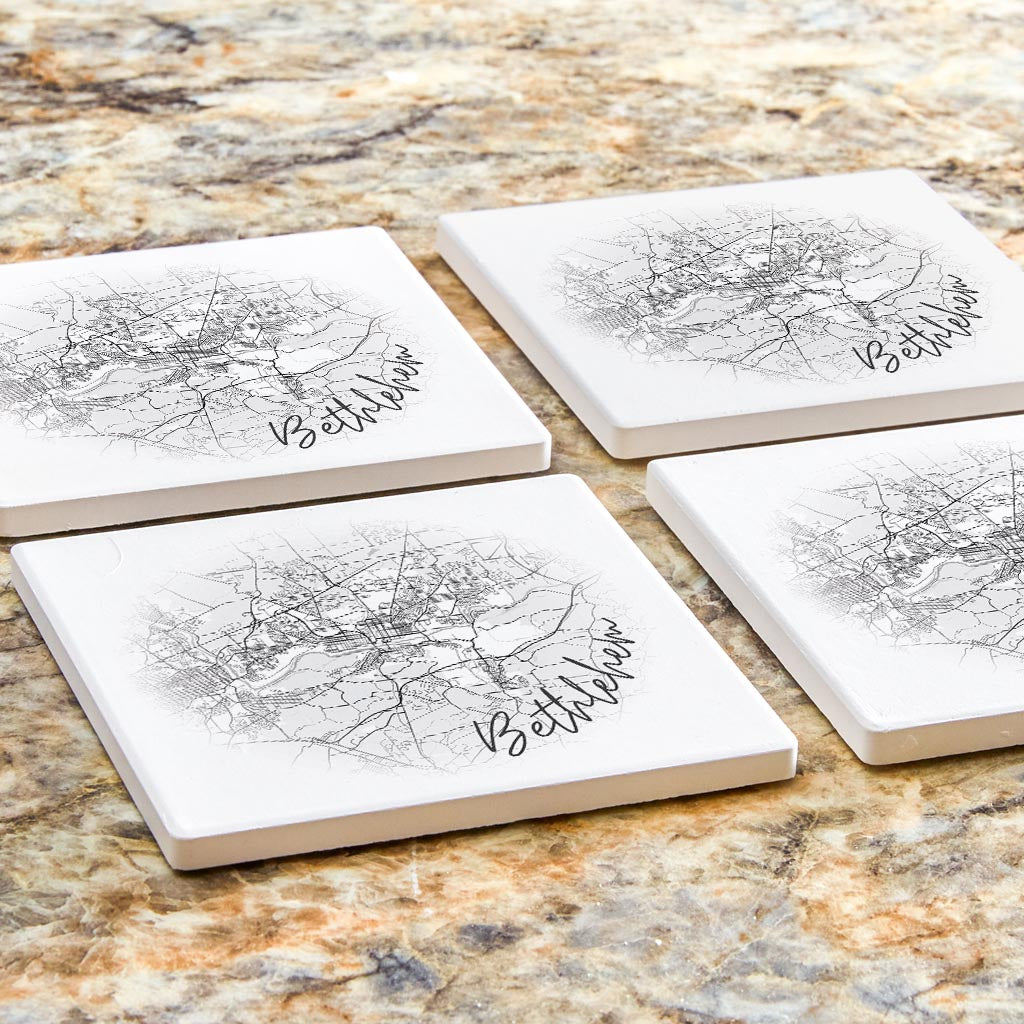 Minimalistic B&W Pennsylvania Bethlehem Circle Map | Absorbent Coasters | Set of 4 | Min 2