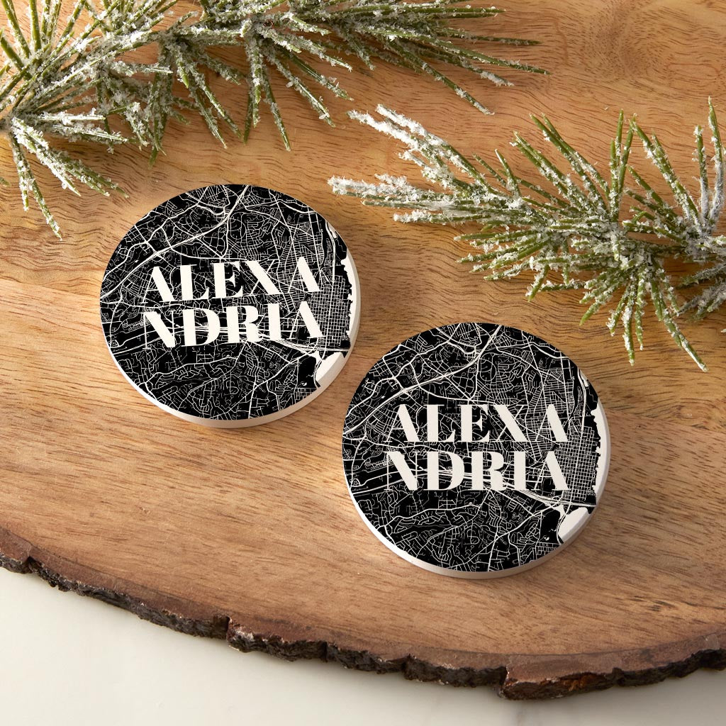 Minimalistic B&W Virginia Alexandria Map | Absorbent Car Coasters | Set of 2 | Min 4