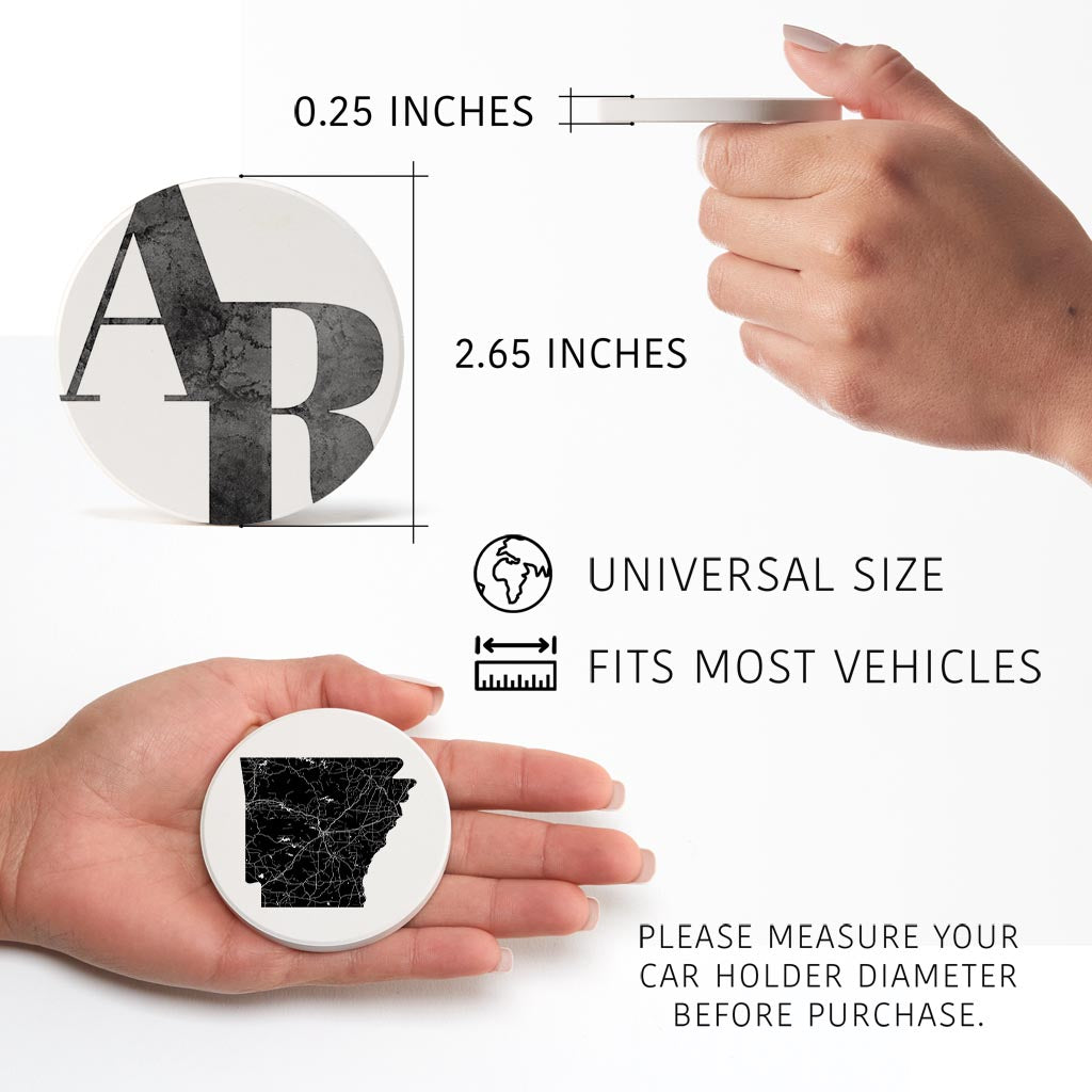 B&W Minimalist Arkansas Initials State Map| Absorbent Car Coasters | Set of 2 | Min 4